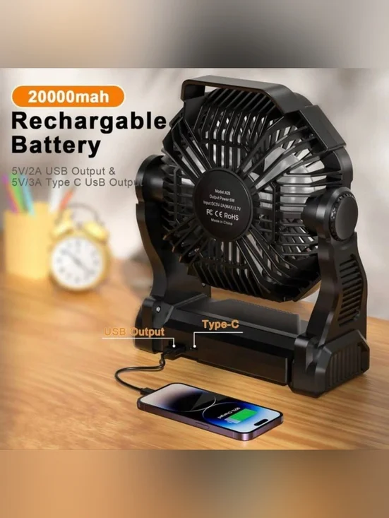 Rechargeable Camping Fan 20000mAh Portable Fan with Light & Phone Charging - Picture 3 of 4